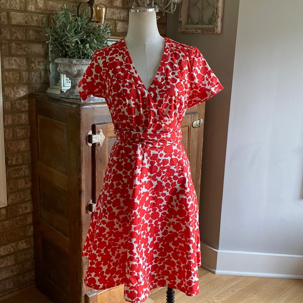 BODEN RED WHITE FAUX WRAP DRESS BELT 8 REGULAR EXCELLENT POCKETS
